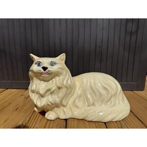 Vintage Large Mold Ceramic Cat Statue Figurine Persian Lying Blue Eyes 15"
